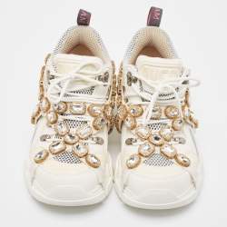 Gucci White/Grey Leather and Mesh Crystal Embellished Flashtrek Sneakers Size 39.5