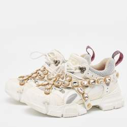 Gucci White/Grey Leather and Mesh Crystal Embellished Flashtrek Sneakers Size 39.5