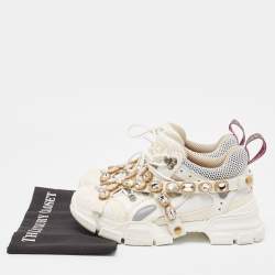 Gucci White/Grey Leather and Mesh Crystal Embellished Flashtrek Sneakers Size 39.5