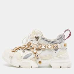 Gucci White/Grey Leather and Mesh Crystal Embellished Flashtrek Sneakers Size 39.5