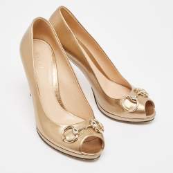 Gucci Metallic Leather Horsebit Peep Toe Platform Pumps Size 38