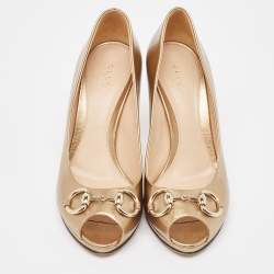 Gucci Metallic Leather Horsebit Peep Toe Platform Pumps Size 38