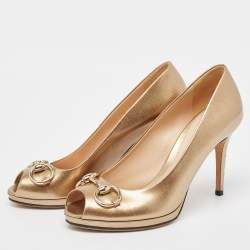 Gucci Metallic Leather Horsebit Peep Toe Platform Pumps Size 38