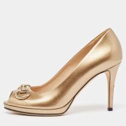 Gucci Metallic Leather Horsebit Peep Toe Platform Pumps Size 38