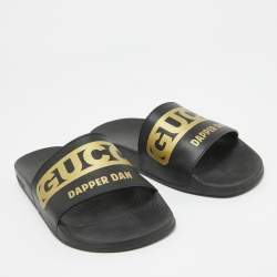 Gucci Black/Gold Leather Dapper Dan Pool Slides Size 39