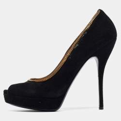 Gucci Black Suede Chain Trim Peep Toe Platform Pumps Size 40