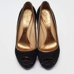 Gucci Black Suede Chain Trim Peep Toe Platform Pumps Size 40