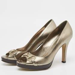 Gucci Metallic Leather Horsebit Peep Toe Platform Pumps Size 40