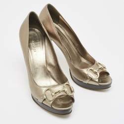 Gucci Metallic Leather Horsebit Peep Toe Platform Pumps Size 40