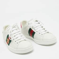 مملوكة مسبقًا Gucci White Leather Embroidered Bee Ace Sneakers Size 34
