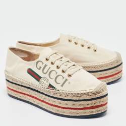 Pre Owned Gucci Cream Canvas Logo Platform Espadrille Flats Size 37.5