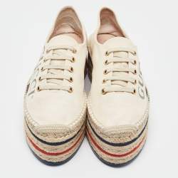 Pre Owned Gucci Cream Canvas Logo Platform Espadrille Flats Size 37.5