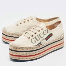 Pre Owned Gucci Cream Canvas Logo Platform Espadrille Flats Size 37.5