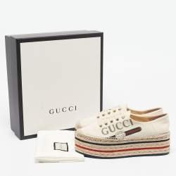 Pre Owned Gucci Cream Canvas Logo Platform Espadrille Flats Size 37.5