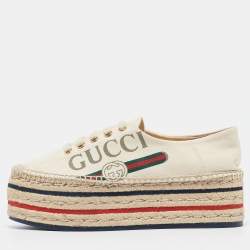 Pre Owned Gucci Cream Canvas Logo Platform Espadrille Flats Size 37.5