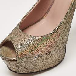 Gucci Metallic Textured Suede Open Toe Platform Pumps Size 40