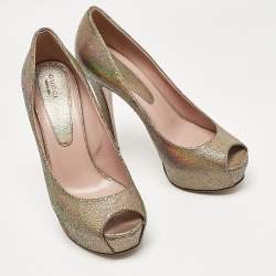 Gucci Metallic Textured Suede Open Toe Platform Pumps Size 40