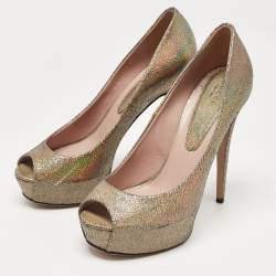 Gucci Metallic Textured Suede Open Toe Platform Pumps Size 40