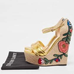 Pre Owned Gucci Metallic Gold Leather Platform Espadrille Wedge  Sandals Size 36