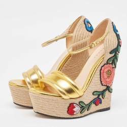 Pre Owned Gucci Metallic Gold Leather Platform Espadrille Wedge  Sandals Size 36
