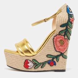 Pre Owned Gucci Metallic Gold Leather Platform Espadrille Wedge  Sandals Size 36