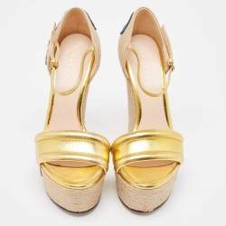 Pre Owned Gucci Metallic Gold Leather Platform Espadrille Wedge  Sandals Size 36