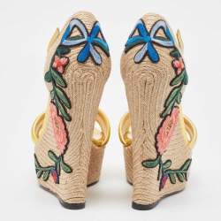 Pre Owned Gucci Metallic Gold Leather Platform Espadrille Wedge  Sandals Size 36