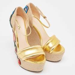 Pre Owned Gucci Metallic Gold Leather Platform Espadrille Wedge  Sandals Size 36