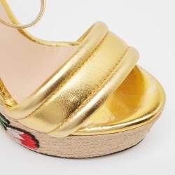 Pre Owned Gucci Metallic Gold Leather Platform Espadrille Wedge  Sandals Size 36
