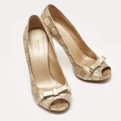 Pre Owned Gucci Gold Guccissima Leather Bow Detail Peep Toe Pumps Size 40