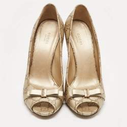 Pre Owned Gucci Gold Guccissima Leather Bow Detail Peep Toe Pumps Size 40