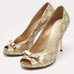 Pre Owned Gucci Gold Guccissima Leather Bow Detail Peep Toe Pumps Size 40