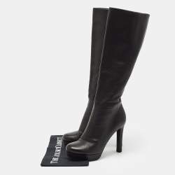 Pre Owned Gucci Black Leather Knee Length Boots Size 37.5
