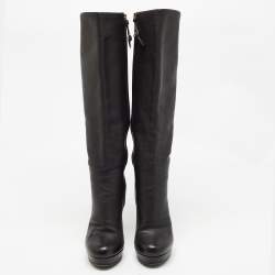 Pre Owned Gucci Black Leather Knee Length Boots Size 37.5