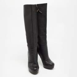 Pre Owned Gucci Black Leather Knee Length Boots Size 37.5
