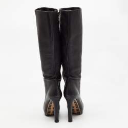 Pre Owned Gucci Black Leather Knee Length Boots Size 37.5