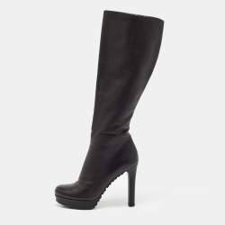Pre Owned Gucci Black Leather Knee Length Boots Size 37.5