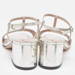 Pre Owned Gucci Silver Metallic Leather Horsebit Detail T-Strap Sandals Size 36