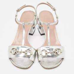 Pre Owned Gucci Silver Metallic Leather Horsebit Detail T-Strap Sandals Size 36