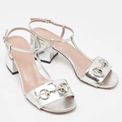 Pre Owned Gucci Silver Metallic Leather Horsebit Detail T-Strap Sandals Size 36