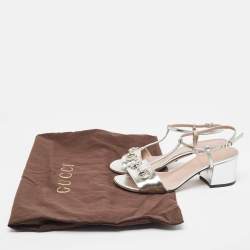 Pre Owned Gucci Silver Metallic Leather Horsebit Detail T-Strap Sandals Size 36