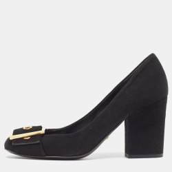 مملوكة مسبقًا Gucci Black Suede Buckle Detail Block Pumps Size 38