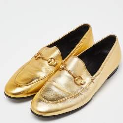 Pre Owned Gucci Gold Leather Jordaan Loafers Size 39