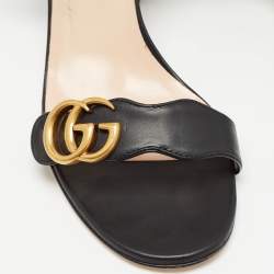 Pre Owned Gucci Black Leather GG Marmont Block Heel Ankle Strap Sandals Size 41