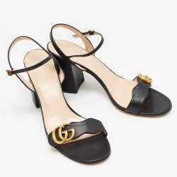 Pre Owned Gucci Black Leather GG Marmont Block Heel Ankle Strap Sandals Size 41