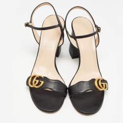 Pre Owned Gucci Black Leather GG Marmont Block Heel Ankle Strap Sandals Size 41