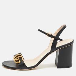 Pre Owned Gucci Black Leather GG Marmont Block Heel Ankle Strap Sandals Size 41