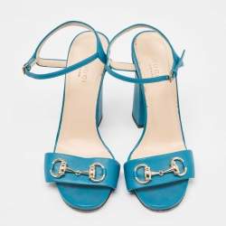Gucci Teal Leather Horsebit Ankle Strap Sandals Size 37