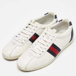 Pre Owned Gucci Off White Guccissima Leather Web Detail Lace Up Sneakers Size 37.5