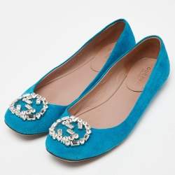 Gucci Blue Suede Interlocking G Crystals Ballet Flats Size 36